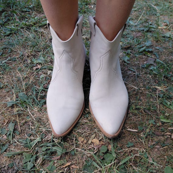 White Leather Western Ankle Boots | Pointed Toe Side Zip Booties
