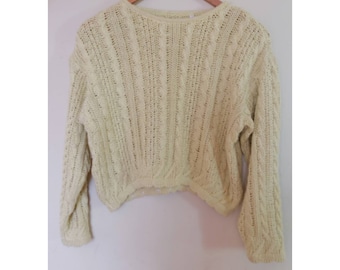 Vintage womens yellow cropped sweater cable knit pullover S/M