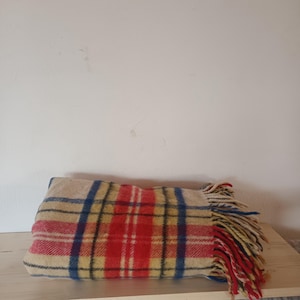 May include: A folded blanket with a plaid pattern in red, blue, yellow, and beige. The blanket has a fringe on one end. The blanket is resting on a wooden surface.