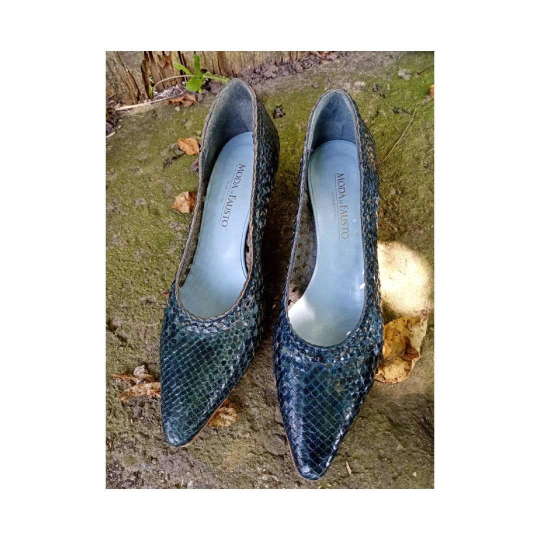 Vintage Woven Leather Womens Shoes Blue Heeled Shoes - Etsy