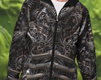 May include: A black zippered jacket with a graphic print of a metallic, biomechanical design. The print features intricate details of gears, pipes, and wires.