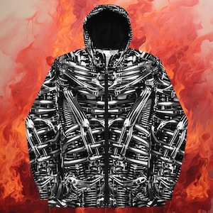 May include: Black hooded jacket with a zipper closure and a silver and black mechanical design.