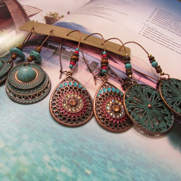 Santa Fe Dangle Earrings with Beads/Rhinestone & Faux Turquoise~3 pair SET