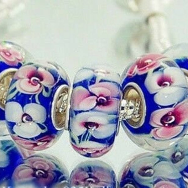 ONE Murano Glass Bead/Pink & White Flower on Blue/European Bead/Fits Pandora and most European style Bracelets~