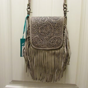 Montana West Genuine Leather Tooled Collection Fringe Crossbody