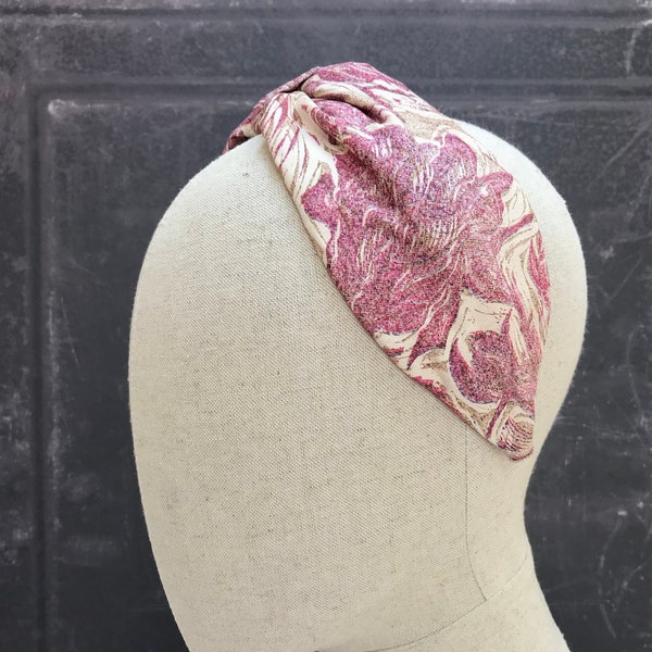 Bandeau rose imprimé à la main, bandeau plat rassemblé, bandeau turban en coton et soie, accessoire cheveux durables.