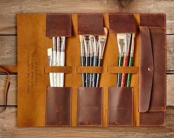 Custom Engraved Leather Brush Roll, Personalized Gift for Artist, Handmade Paintbrush Organizer for Studio, Travel or Plein Air