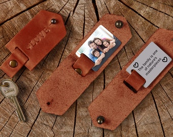 Gepersonaliseerde leren sleutelhanger cadeau, fotocadeau, fotosleutelhanger, aangepast verjaardagscadeau, jubileum sleutelhanger cadeau lederen accessoire