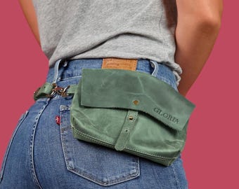 Green Leather Waist Bag, Fanny Pack, Adjustable Hip Bag