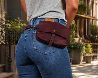 Burgundy Leather Crossbody Belt Bag ,Custom Engraved Waist Purse