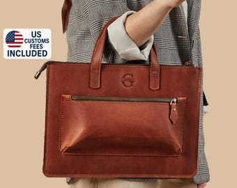 Leather Laptop Tote Bag - Work Shoulder Bag for MacBook 13″ 14″ 15″ 16″ 17″, Large Office Satchel