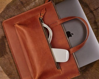 Custom Leather Laptop Bag with Handle, Engraved 16 Inch Sleeve, Women’s Briefcase, MacBook Pro Case, Monogram Work Satchel