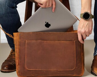Anniversary husband gift, leather messenger bag, laptop briefcase, mens shoulder bag, leather gift for him, mens messenger, gift for him