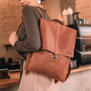 Custom women&#39;s leather backpack. Womens gift for her. Laptop backpack for women. Everyday rucksack. Anniversary gift
