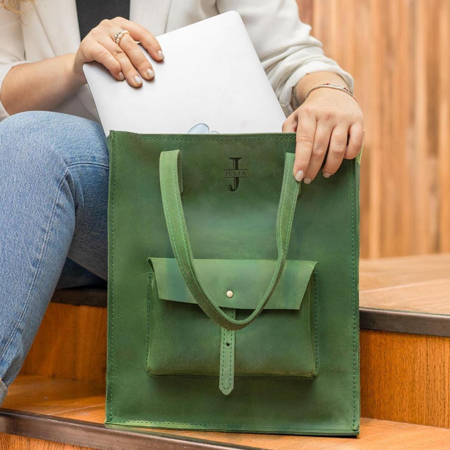 Leather laptop bag, womens shopper bag, small green tote bag, personalized leather purse, work bag women, leather gift for her