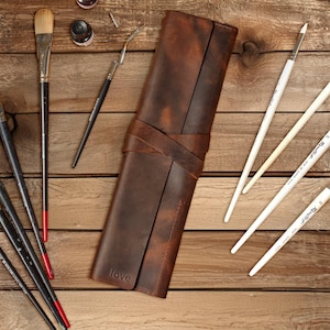 Pinselrolle / Pinselhalter, Lederetui mit Reißverschlusstasche für Pinsel, Geschenk für Künstler, Künstlertasche, Pinselhalter