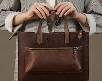 Custom Leather Laptop Handbag, MacBook Sleeve with Handles, Engraved Work Bag Gift for Women