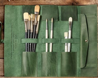 Étui à outils pour artiste, étui pour rouleau de pinceaux pour artiste, étui en cuir pour rouleau avec poche zippée pour pinceaux, cadeau pour artiste, porte-pinceau