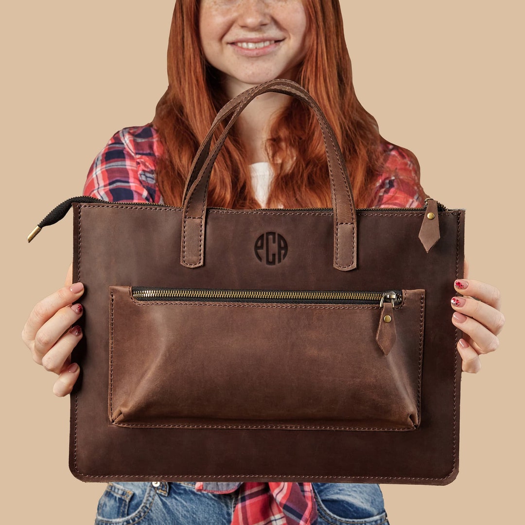 Leather Laptop Briefcase, Custom Gift, Womens Laptop Bag, Engraved