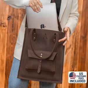Womens laptop tote bag, womens leather tote bag, personalized leather purse, work tote women, custom shoulder bag for her