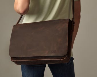 Mens Leather Laptop Messenger Bag, Custom Crossbody Briefcase for 13-16 inch Laptop