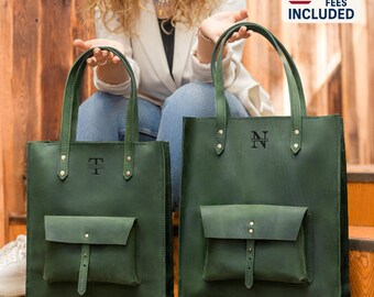 Green Leather Laptop Tote Bag, Custom Work Satchel with Zipper, Personalized Computer Bag, Messenger for Women