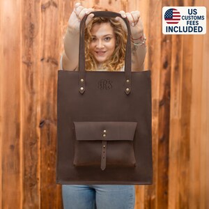 Personalized leather purse, brown tote bag, womens leather tote bag, custom work tote women, custom shoulder bag for her