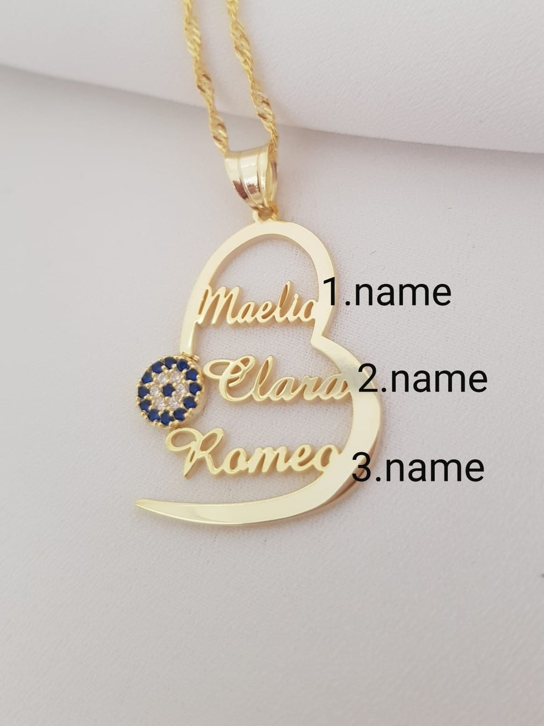 Personalized Heart Name Necklace With Evil Eye,Silver Gold Heart Family Name Necklace,Multiple Name Necklace ,Gift For Mom