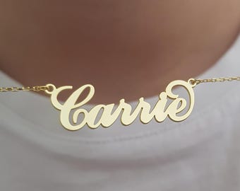 Carrie Schriftart Halskette, Gold Script Typenschild, Benutzerdefinierte Silber Carrie Style Halskette, Handgeschriebene Namenskette