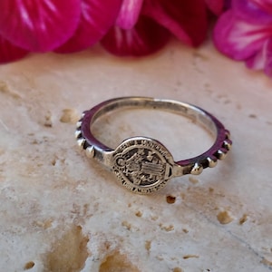 Sterling Silver Saint Benedict Medal Rosary Ring - Antique Style