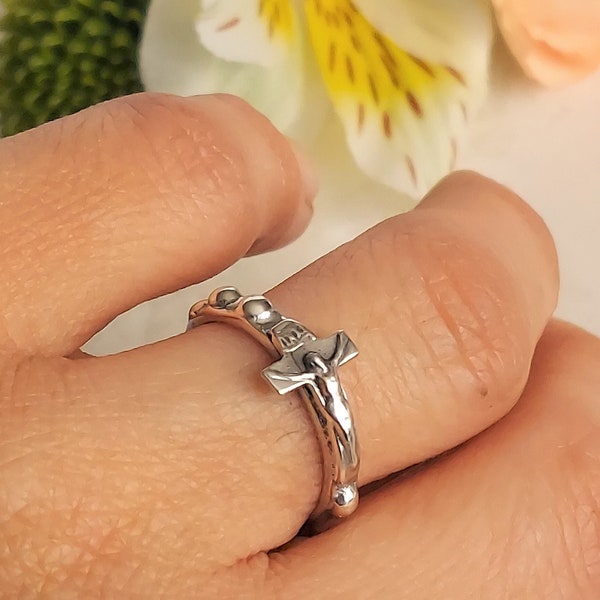 Sterling Silver Solid Crucifix Rosary Ring, Rosary, Crucifix, Ring, Silver Ring, Catholic Jewelry, 925 Sterling Silver ring, Rosary Ring