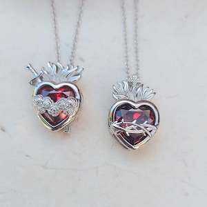 Sterling Silver Sacred Heart Necklace / Immaculate Heart: Garnet Gemstone, Religious Jewelry