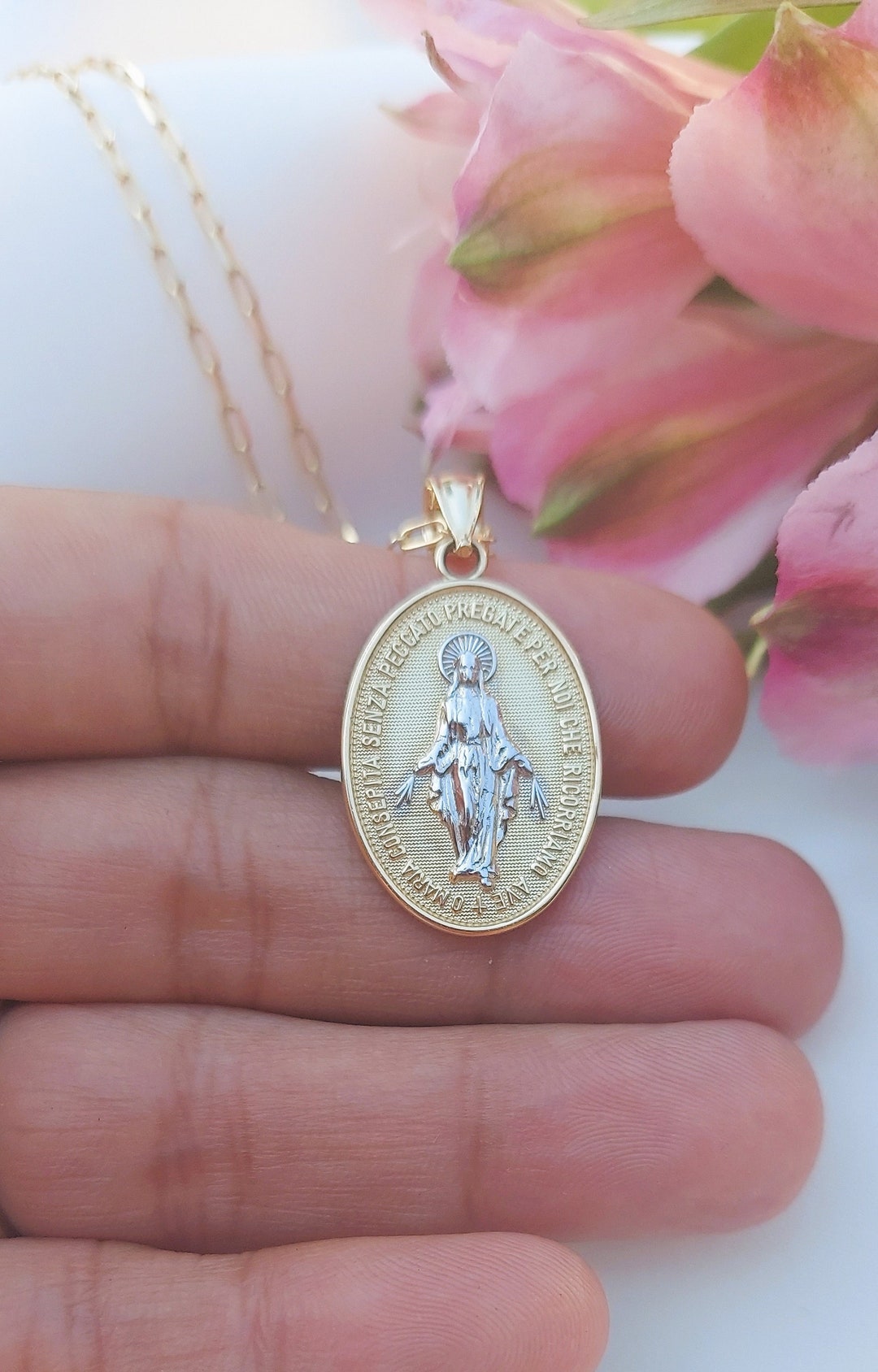 14K Yellow Gold Miraculous Medal Necklace: Our Lady of Grace - Etsy