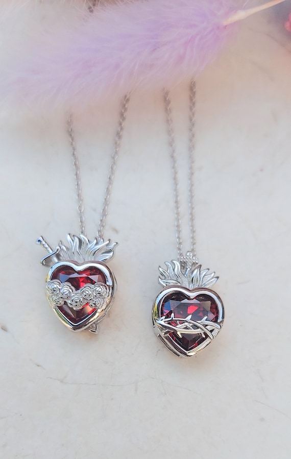 Sterling Silver Sacred Heart Necklace / Immaculate Heart: Garnet Gemstone, Religious Jewelry