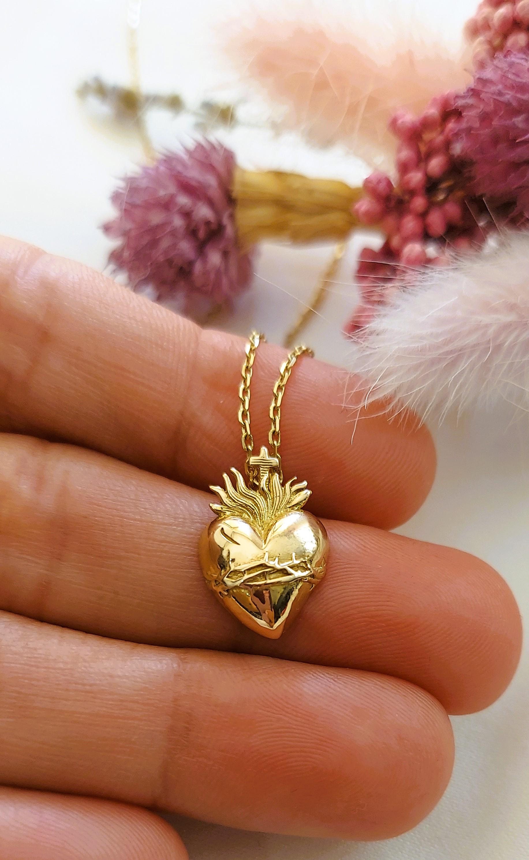 14k Solid Gold Sacred Heart Necklace: Religious Confirmation Gift