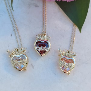 14kt Gold Plated over 925 Sterling Silver Sacred Heart Of Jesus & Immaculate Heart Of Mary Preciou Stone Necklace,Zircon Hearts, Morganite ™