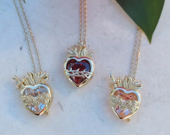 Collana con ciondolo Sacro Cuore di Gesù e Cuore Immacolato di Maria in argento Sterling 925 placcato oro 14 carati, pietre preziose, cuori in zircone e Morganite™