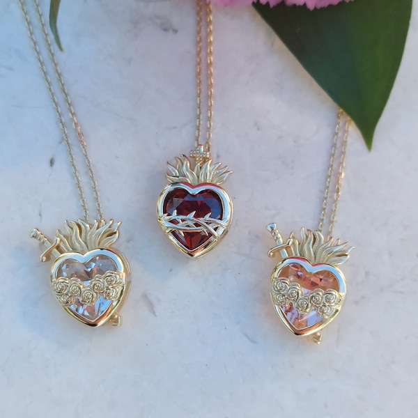 14kt Gold Plated over 925 Sterling Silver Sacred Heart Of Jesus & Immaculate Heart Of Mary Precious Stone Necklace, Zircon Hearts, Morganite