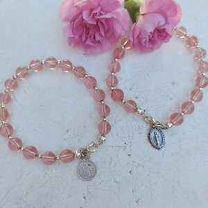 Sterling Silber Rosa Kristall Perlenarmband: Heilige Benedikt / Wundertätige Medaille