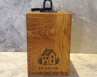 Personalised New Home Solid Oak Wood Rustic Door Stop | Wooden Doorstop Weight & Metal Handle, Country Cottage Farmhouse Decor, First House