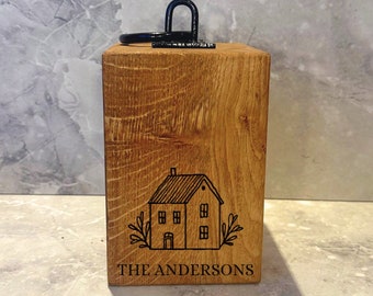 Personalized Solid Oak Door Stop | Rustic Farmhouse Decor with Metal Handle