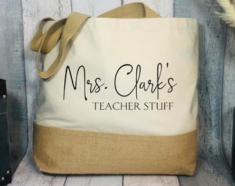 Personalised Teacher Jute Tote Bag, Teachers Bags,  Shopper, Gift for Teacher, Unique Custom Design, Present from Students, Trainee Teacher