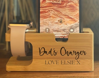 Bamboo Apple Watch & Mobile iPhone Charging Station, Dad's Charger, Dock Stations, Fathers Day, Birthday Tech Gift for Him, Dad, Daddy