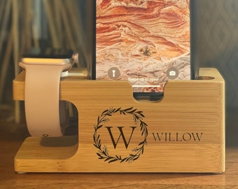 Personalised Initial Monogram Bamboo Apple Watch & Mobile Phone Charging Station, Charger Dock, Unique Birthday Tech Gift, For Him or Her