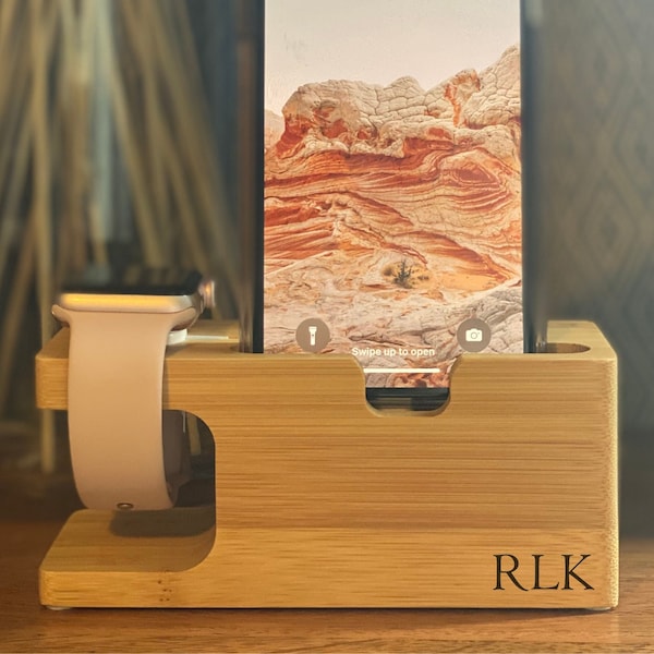 Personalised Bamboo Apple Watch &  Mobile Phone Charging Station, Charger Dock, Fathers Day, Unique Birthday Tech Gift, For Him or Her