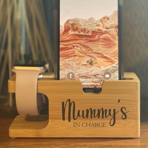 Bamboo Apple Watch & Mobile iPhone Charging Station, Mummy&#39;s in Charge, Personalised Charger Dock, Mothers Day, Birthday Tech Gift, For Her