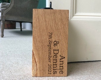 Personalised Solid Oak Rustic Door Stop | Wooden Doorstop Weight & Metal Handle, Country Cottage Farmhouse Decor, Scandi, Wedding, New Home