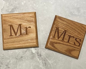 Mr and Mrs Oak Square Coasters Set of Two