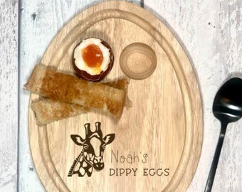 Personalised Dippy Eggs Board, Giraffe, Toddler Egg & Soldiers, Children Breakfast, Gift for Kids, Boiled Cup, Toast Plate, Engraved Wood