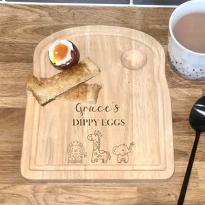 Personalised Dippy Eggs Board, Safari Animals, Toddler Egg & Soldiers, Children Breakfast, Gift for Kids, Boiled Cup, Toast Plate, Engraved